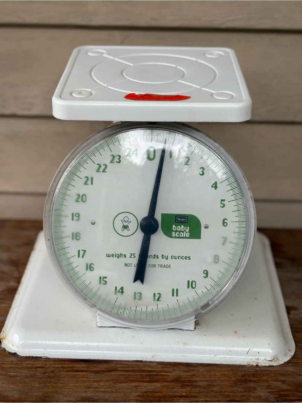 VTG Sears baby scale, typically identified as a 1960s or earlier nursery item.